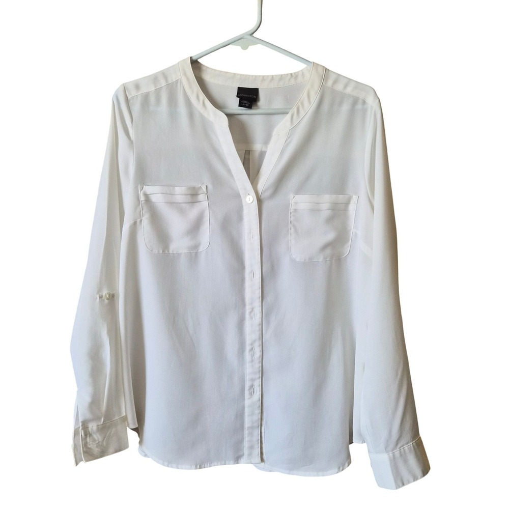 Covington Womens White Roll Tab Sleeve Button Up Blouse Size LP Pockets